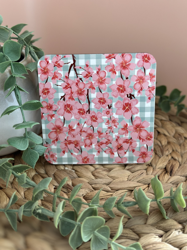 Cherry Blossom MDF Coaster with Turquoise Buffalo Check Pattern