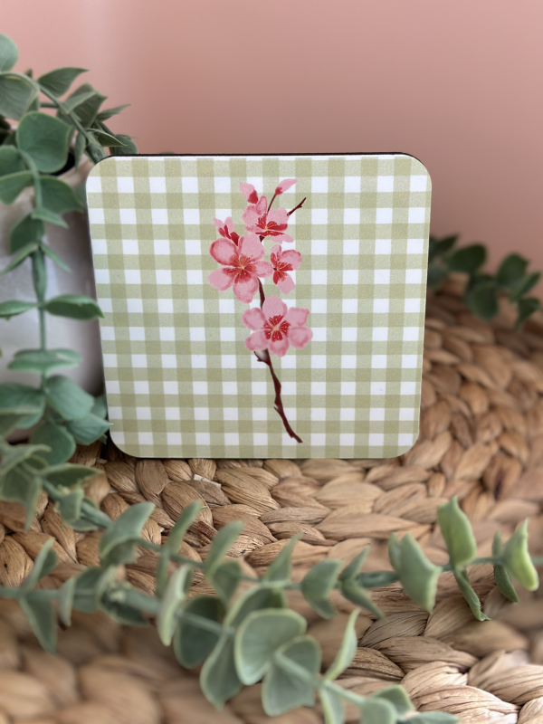 Single Cherry Blossom MDF Coaster with Light Green Buffalo Check Pattern